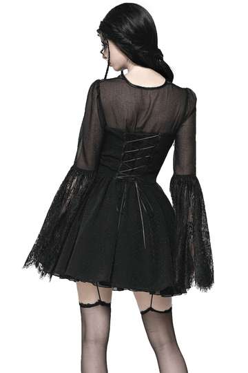 Black Lace Dress with Bell Sleeves and Corset Back Detail